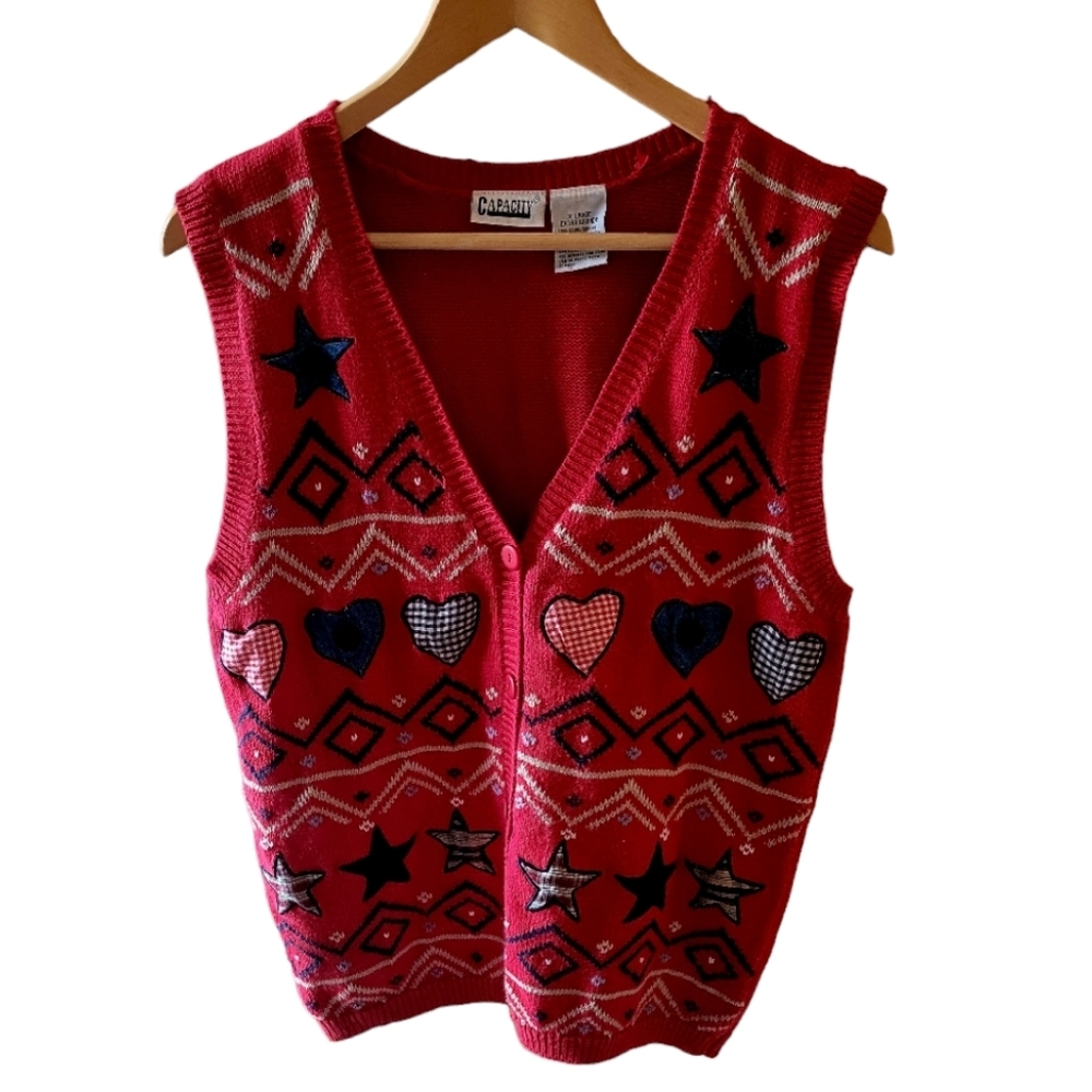 Capacity Vintage Patriotic Americana Heart Red White and Blue Sweater Vest Sz XL